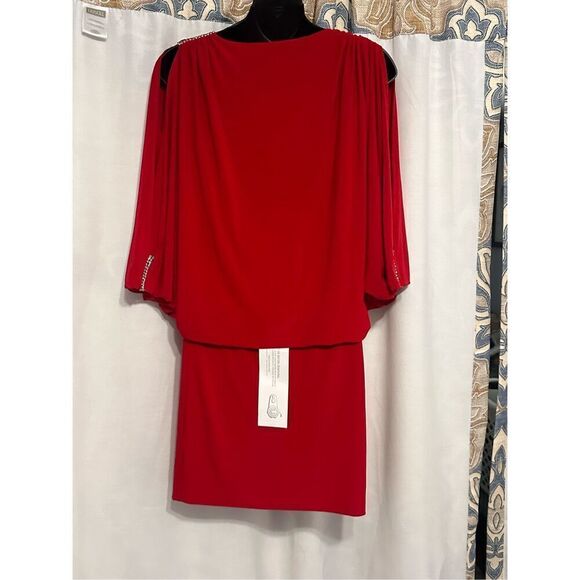 Beautiful NEW WITH TAGS 1990s Cache Red Satin Batwing Cutout Draped Dress XS - Picture 5 of 11